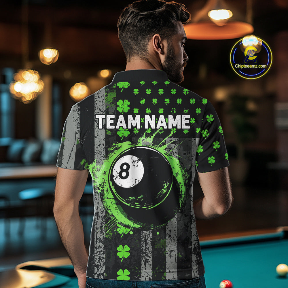 Green Grunge US Flag Luckiest Shamrock Billiard Shirt For Men Custom St Patrick Day Pool Jersey TDM5710