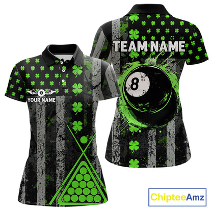 Green Grunge US Flag Luckiest Shamrock Billiard Shirt For Women Custom St Patrick Day Pool Jersey TDM5710