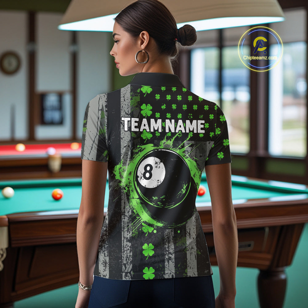 Green Grunge US Flag Luckiest Shamrock Billiard Shirt For Women Custom St Patrick Day Pool Jersey TDM5710
