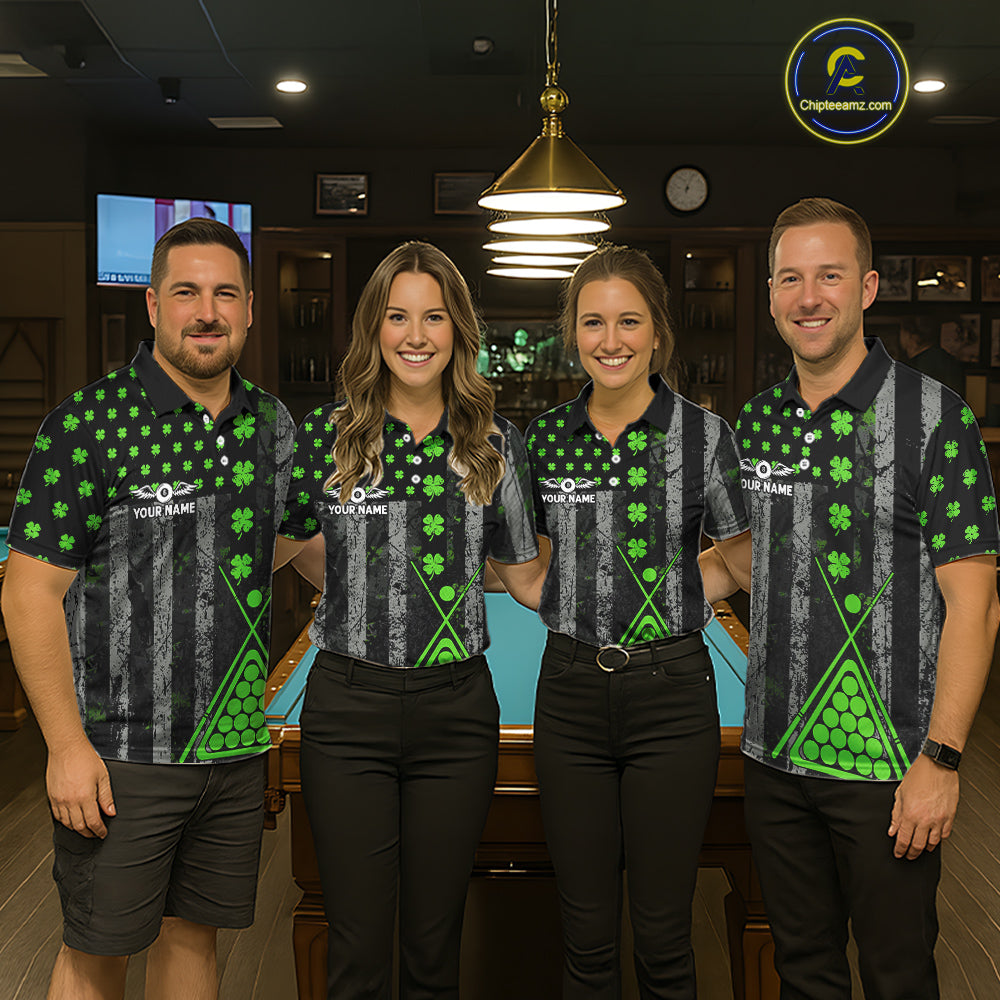 Green Grunge US Flag Luckiest Shamrock Billiard Shirt For Women Custom St Patrick Day Pool Jersey TDM5710