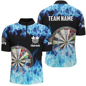 Blue Fire Flame Dartboard Men Darts Quarter-Zip Custom Darts Shirts For Team Dart Jerseys TDM1227