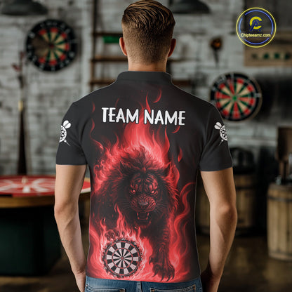 Red Flaming Lion Darts Shirts For Men Custom Fire Darts League Jersey Team Polo & 1/4 Zip TDM6065