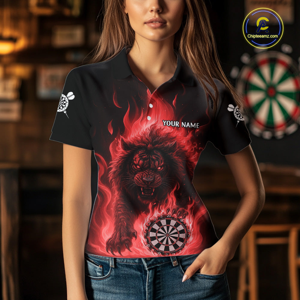 Red Flaming Lion Darts Shirts For Women Custom Fire Darts League Jersey Team Polo & 1/4 Zip TDM6065