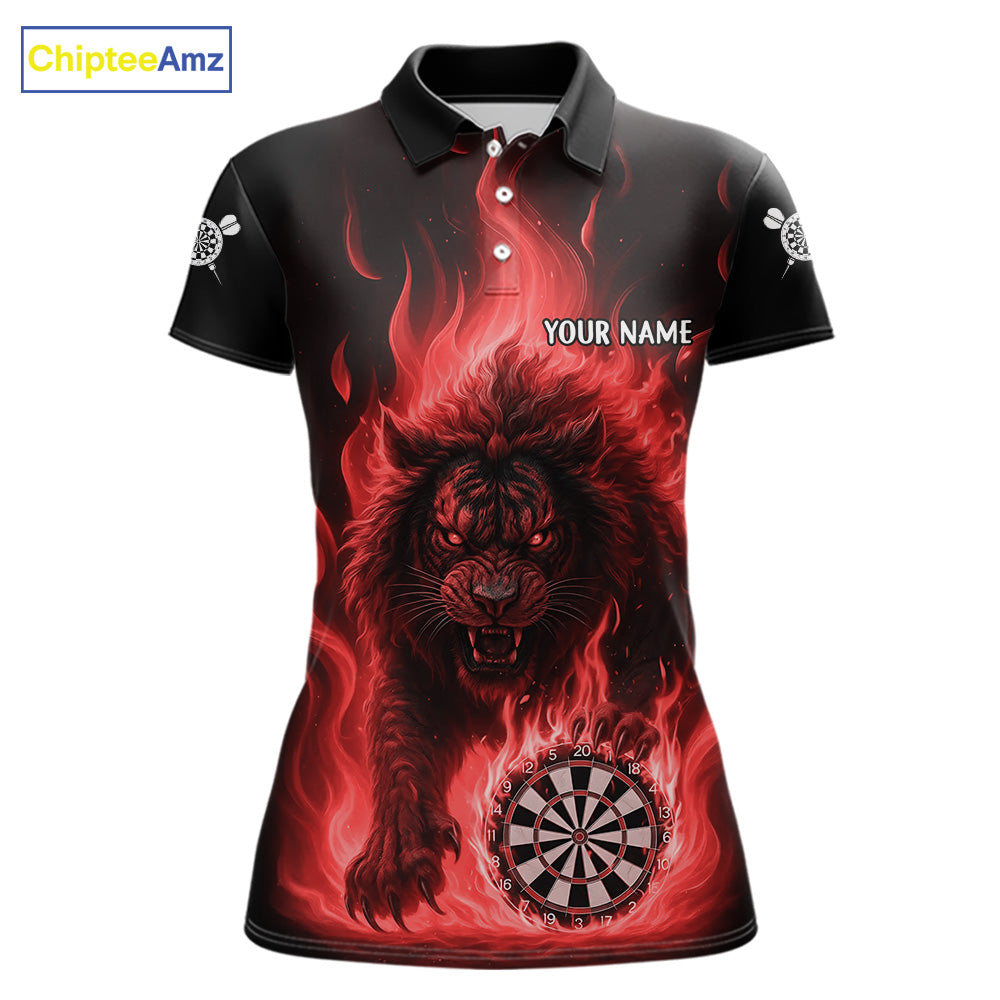 Red Flaming Lion Darts Shirts For Women Custom Fire Darts League Jersey Team Polo & 1/4 Zip TDM6065