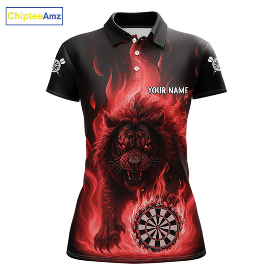 Red Flaming Lion Darts Shirts For Women Custom Fire Darts League Jersey Team Polo & 1/4 Zip TDM6065