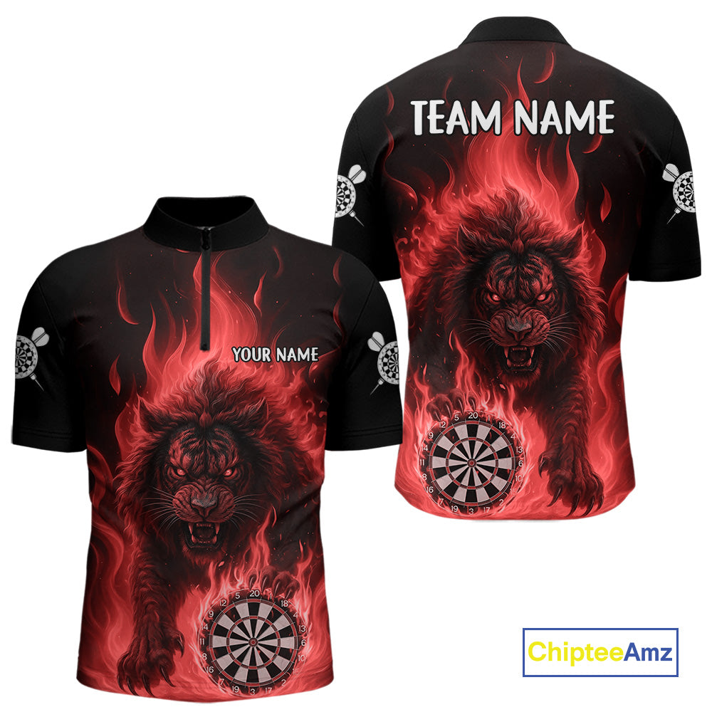 Red Flaming Lion Darts Shirts For Men Custom Fire Darts League Jersey Team Polo & 1/4 Zip TDM6065