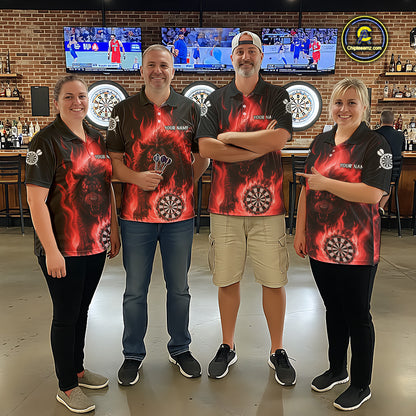 Red Flaming Lion Darts Shirts For Women Custom Fire Darts League Jersey Team Polo & 1/4 Zip TDM6065