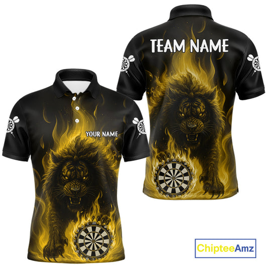 Yellow Flaming Lion Darts Shirts For Men Custom Fire Darts League Jersey Team Polo & 1/4 Zip TDM6066