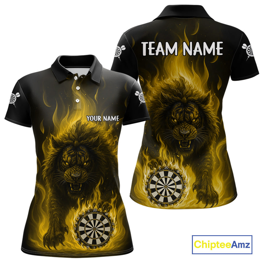 Yellow Flaming Lion Darts Shirts For Women Custom Fire Darts League Jersey Team Polo & 1/4 Zip TDM6066
