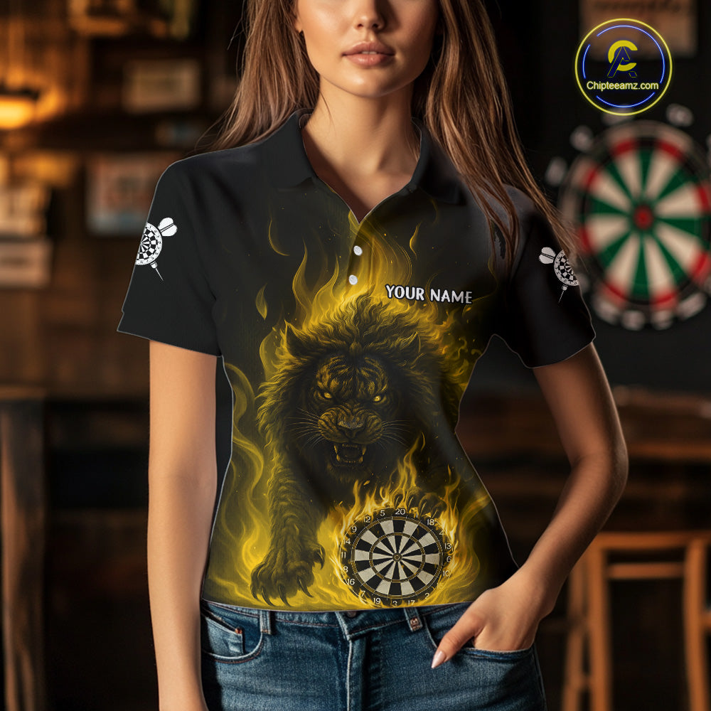 Yellow Flaming Lion Darts Shirts For Women Custom Fire Darts League Jersey Team Polo & 1/4 Zip TDM6066