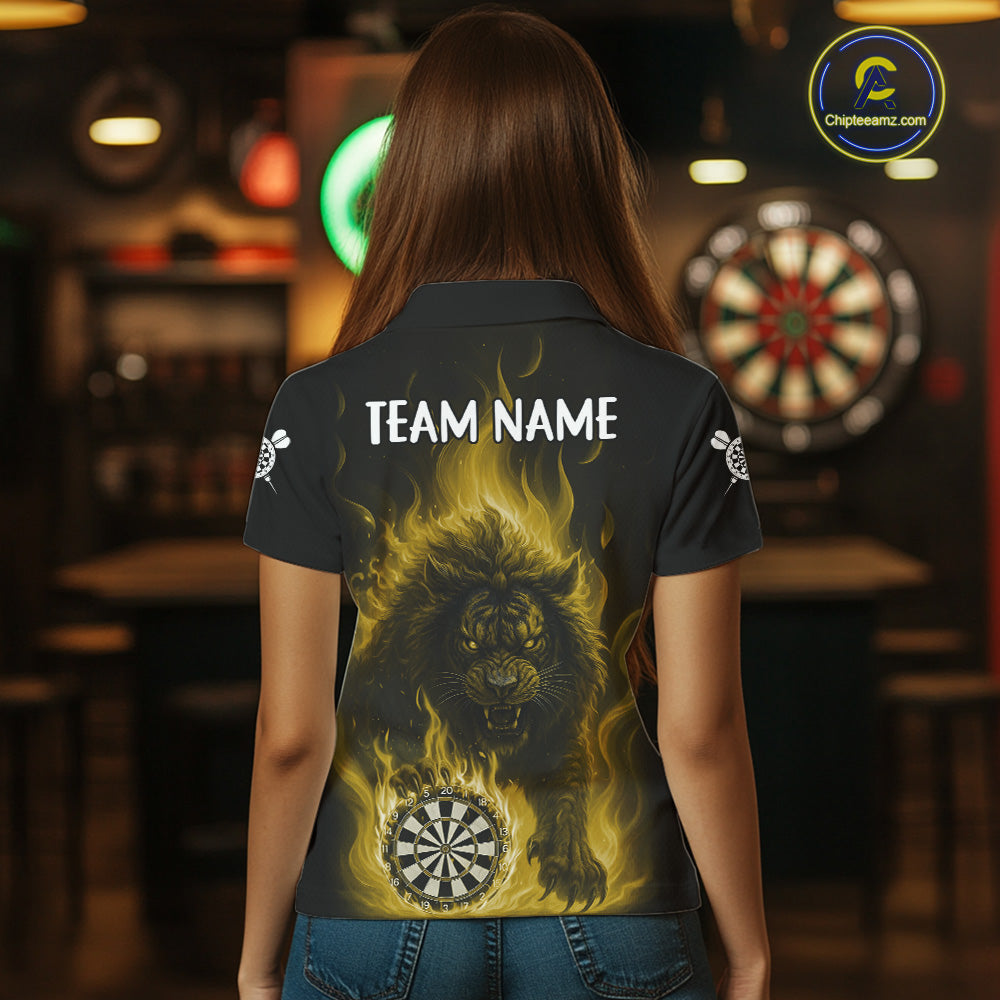 Yellow Flaming Lion Darts Shirts For Women Custom Fire Darts League Jersey Team Polo & 1/4 Zip TDM6066