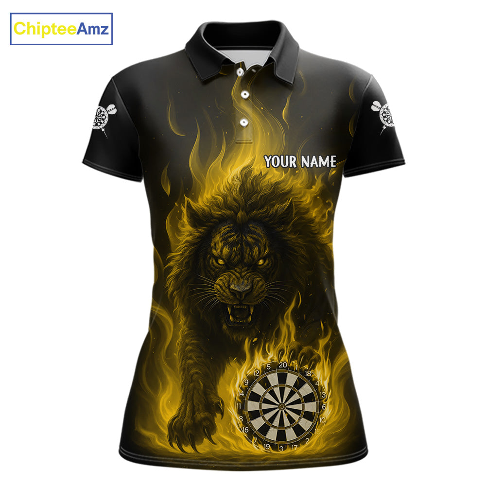 Yellow Flaming Lion Darts Shirts For Women Custom Fire Darts League Jersey Team Polo & 1/4 Zip TDM6066