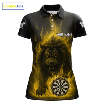 Yellow Flaming Lion Darts Shirts For Women Custom Fire Darts League Jersey Team Polo & 1/4 Zip TDM6066