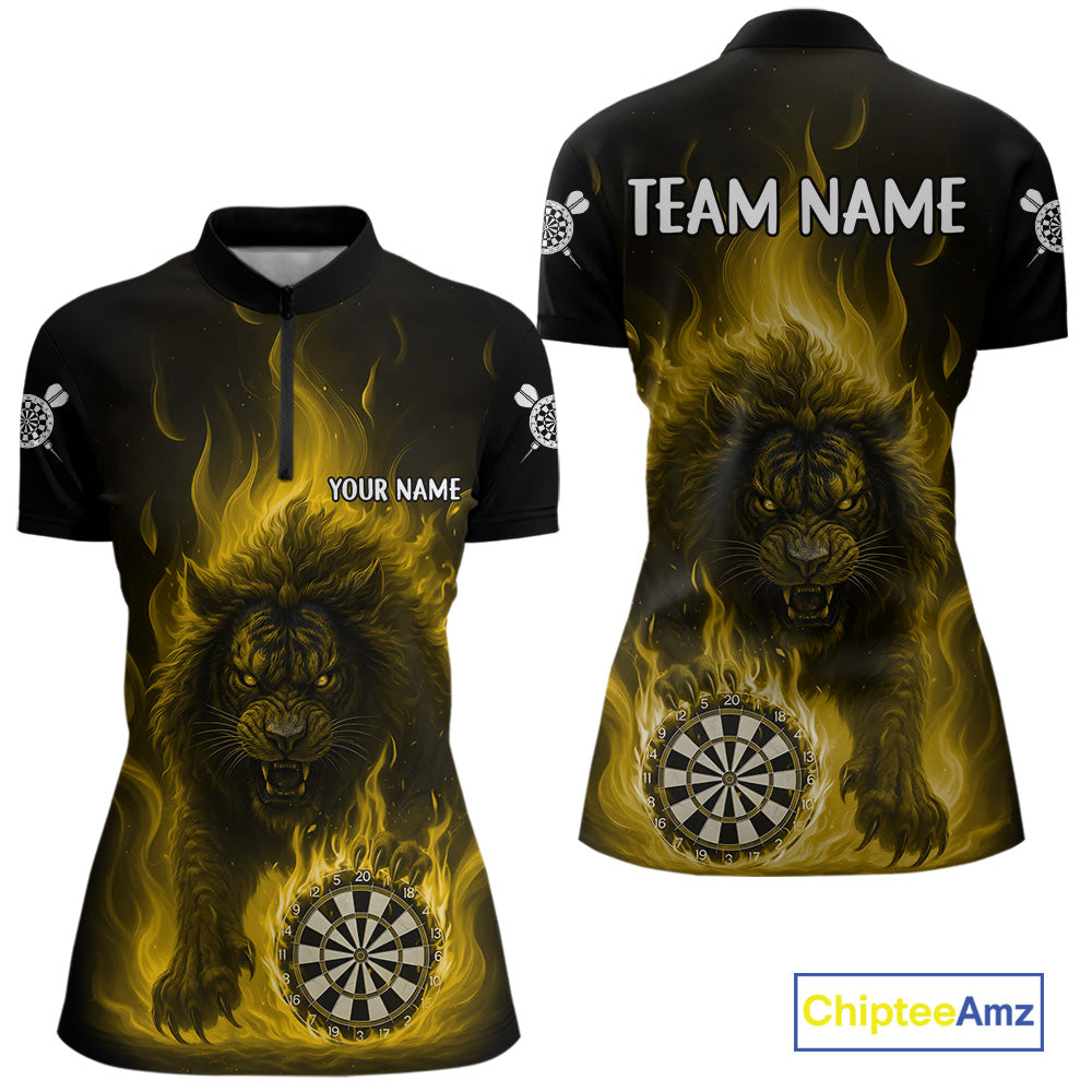 Yellow Flaming Lion Darts Shirts For Women Custom Fire Darts League Jersey Team Polo & 1/4 Zip TDM6066