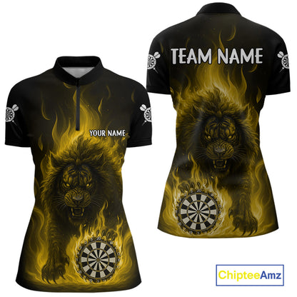 Yellow Flaming Lion Darts Shirts For Women Custom Fire Darts League Jersey Team Polo & 1/4 Zip TDM6066