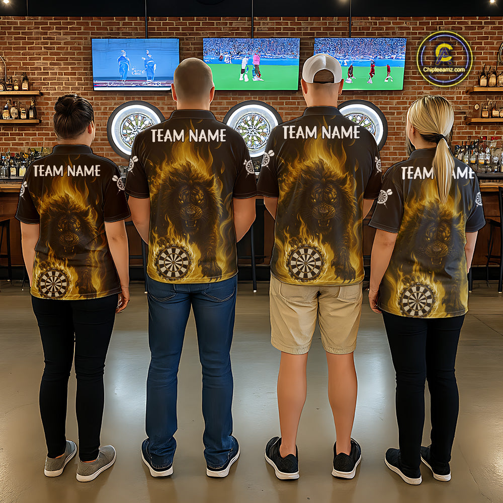 Yellow Flaming Lion Darts Shirts For Men Custom Fire Darts League Jersey Team Polo & 1/4 Zip TDM6066