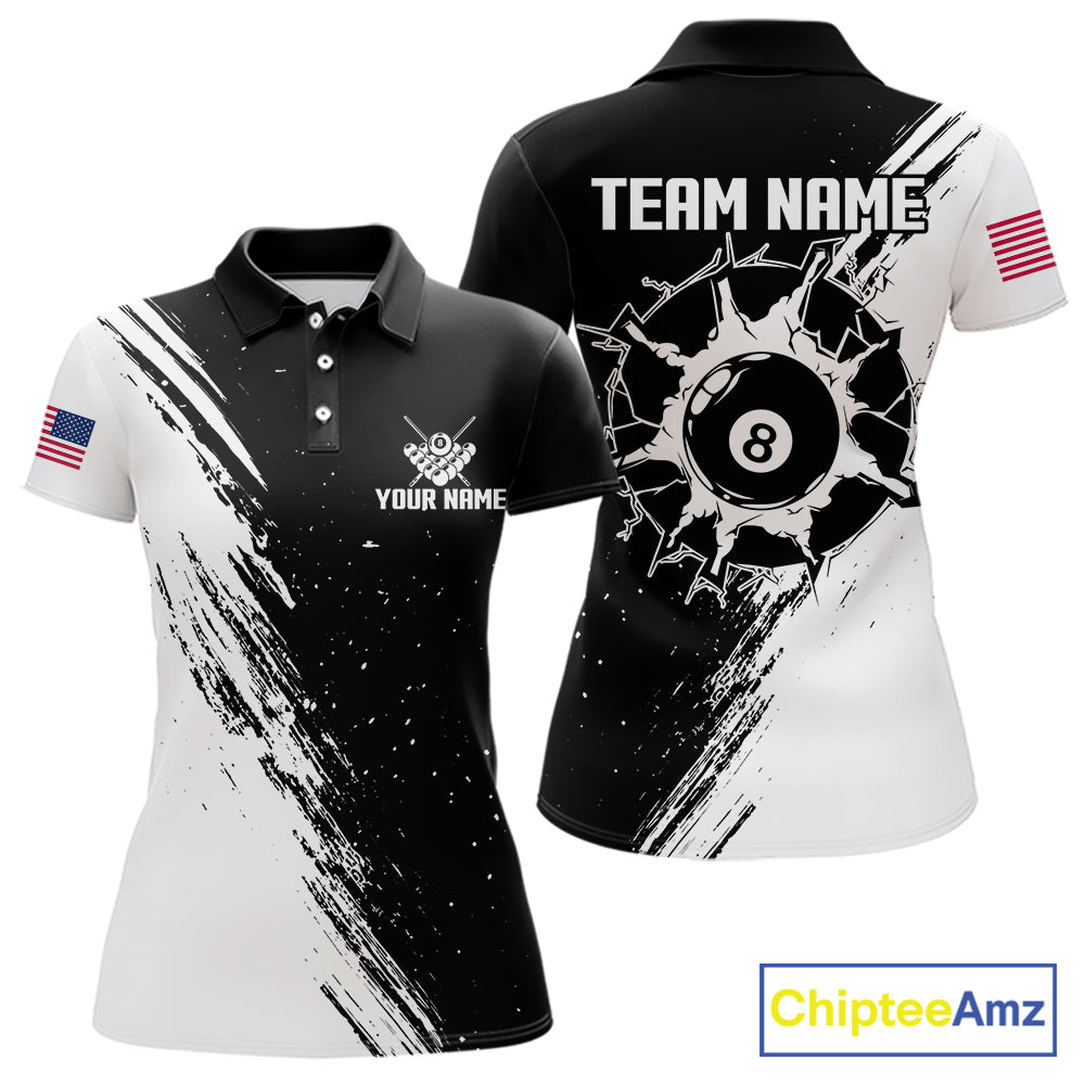Black And White 8 Ball Billiard Pool Shirts For Women Custom Billiard Tournament Team Jersey TDM7236