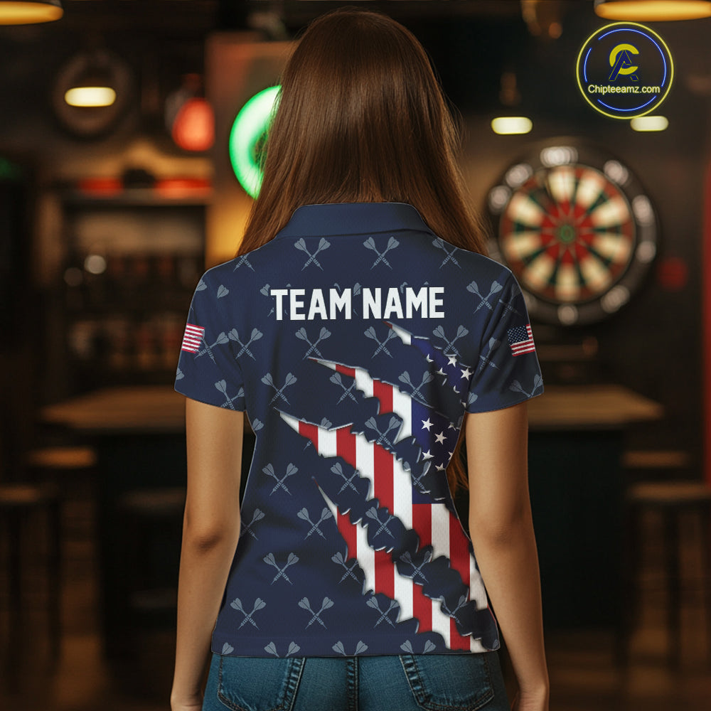 Personalized American Flag Navy Dart Pattern Polo & Quarter Zip For Women, Patriotic Darts Jersey TDM4996