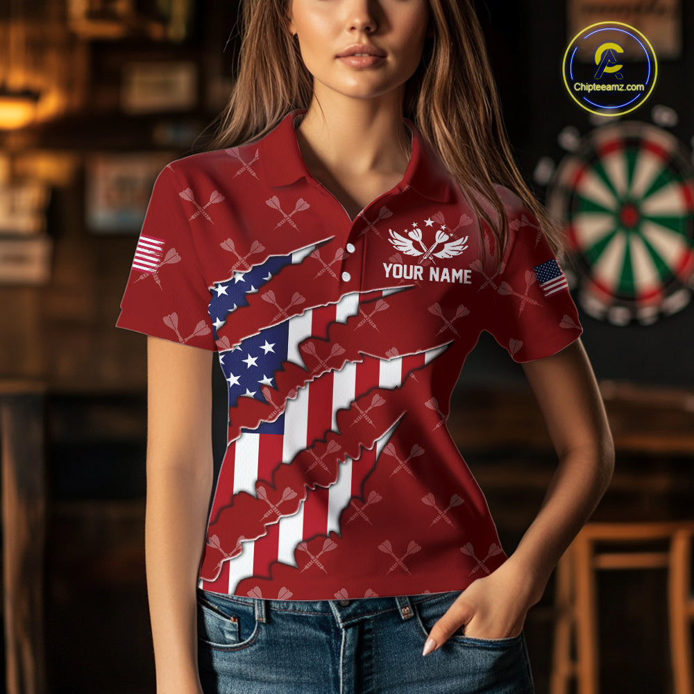Personalized American Flag Red Dart Pattern Polo & Quarter Zip For Women, Patriotic Darts Jersey TDM4997