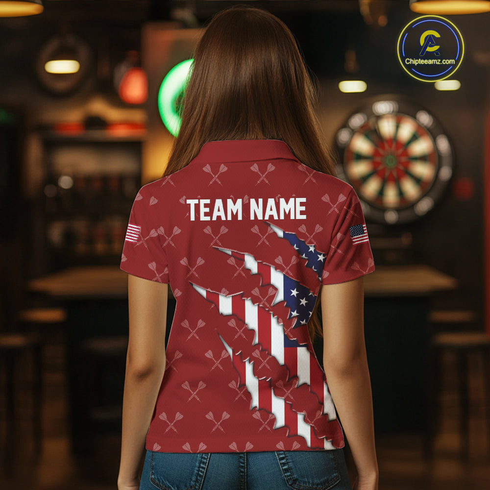 Personalized American Flag Red Dart Pattern Polo & Quarter Zip For Women, Patriotic Darts Jersey TDM4997