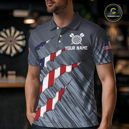 American Flag Grey Grunge Darts Polo & Quarter Zip Custom Dart Shirt For Men Patriotic Dart Jersey TDM4998