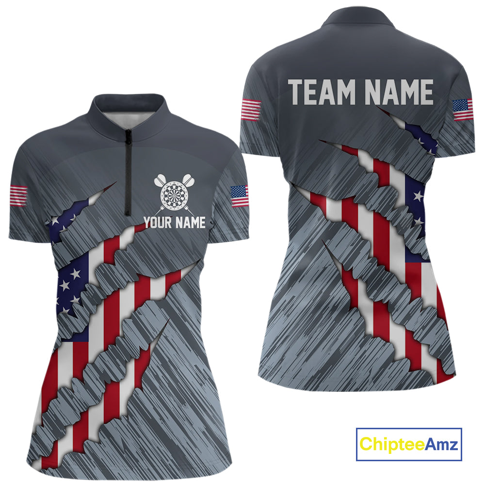 American Flag Grey Grunge Darts Polo & Quarter Zip Custom Dart Shirt For Women Patriotic Dart Jersey TDM4998