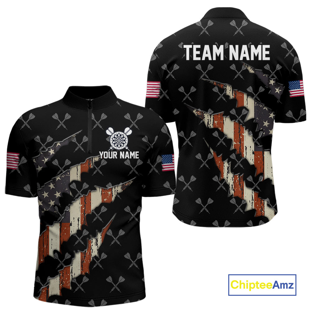 Vintage American Flag Darts Polo & Quarter Zip Custom Darts Shirt For Men, Patriotic Darts Jersey TDM4999