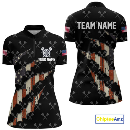 Vintage American Flag Darts Polo & Quarter Zip Custom Darts Shirt For Women, Patriotic Darts Jersey TDM4999