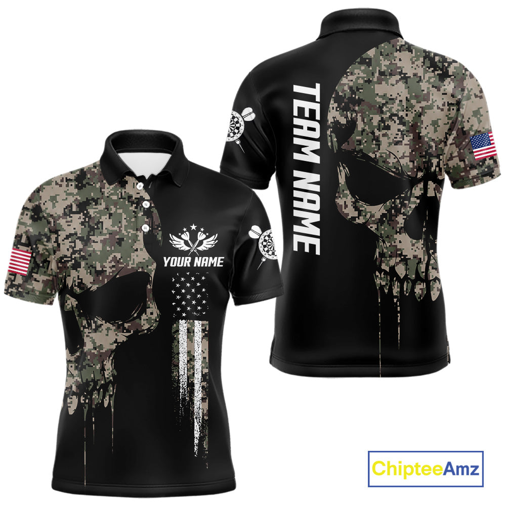 Retro Camouflage Skull Darts Shirt For Men Custom Patriotic US Flag Darts Jersey Polo & 1/4 Zip TDM7845
