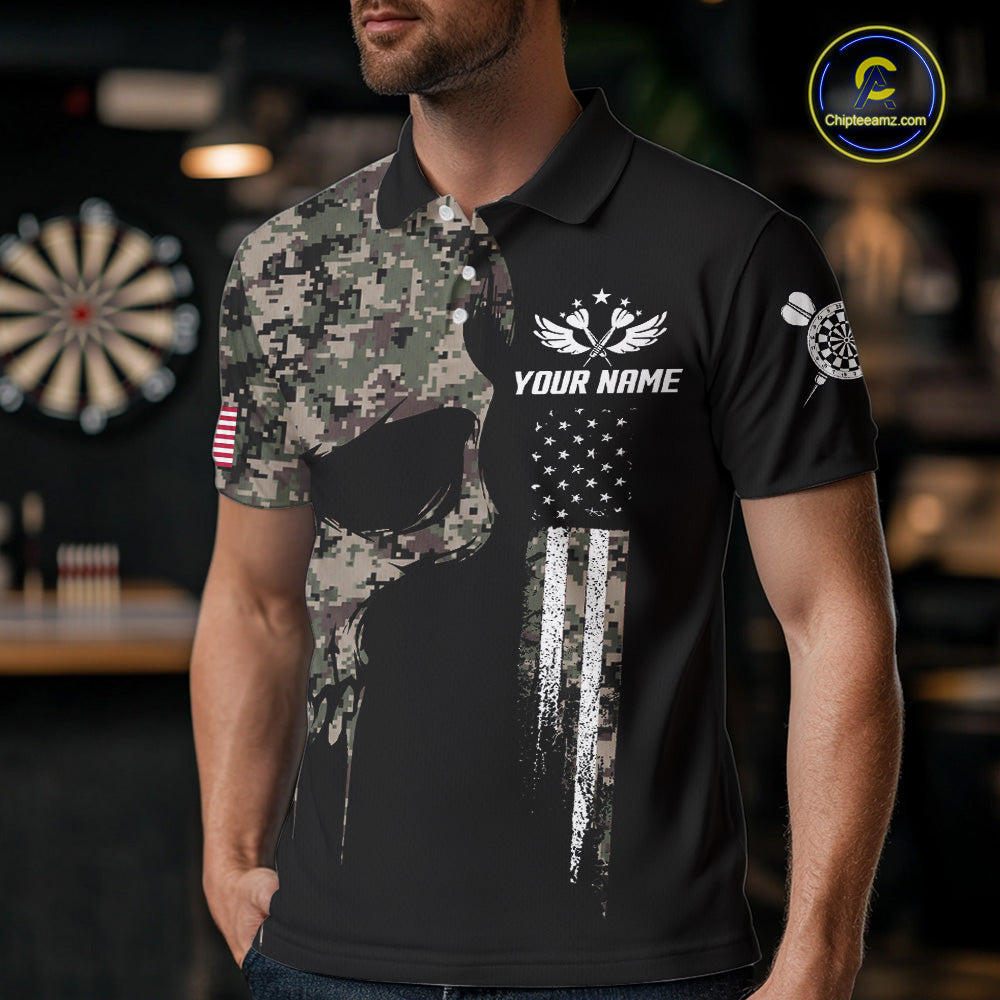 Retro Camouflage Skull Darts Shirt For Men Custom Patriotic US Flag Darts Jersey Polo & 1/4 Zip TDM7845