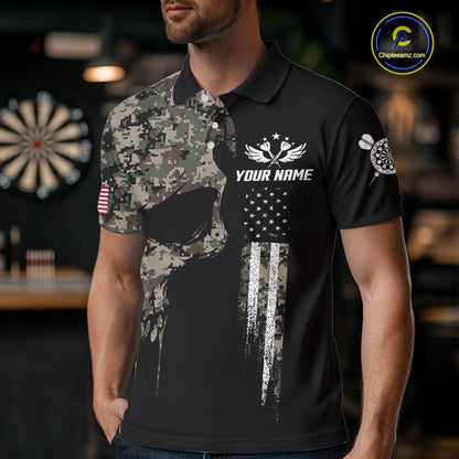 Retro Camouflage Skull Darts Shirt For Men Custom Patriotic US Flag Darts Jersey Polo & 1/4 Zip TDM7845