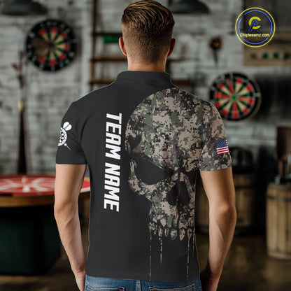 Retro Camouflage Skull Darts Shirt For Men Custom Patriotic US Flag Darts Jersey Polo & 1/4 Zip TDM7845