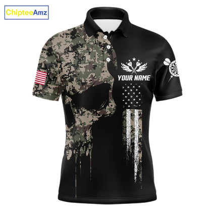 Retro Camouflage Skull Darts Shirt For Men Custom Patriotic US Flag Darts Jersey Polo & 1/4 Zip TDM7845