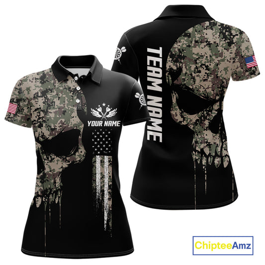 Retro Camouflage Skull Darts Shirt For Women Custom Patriotic US Flag Darts Jersey Polo & 1/4 Zip TDM7845