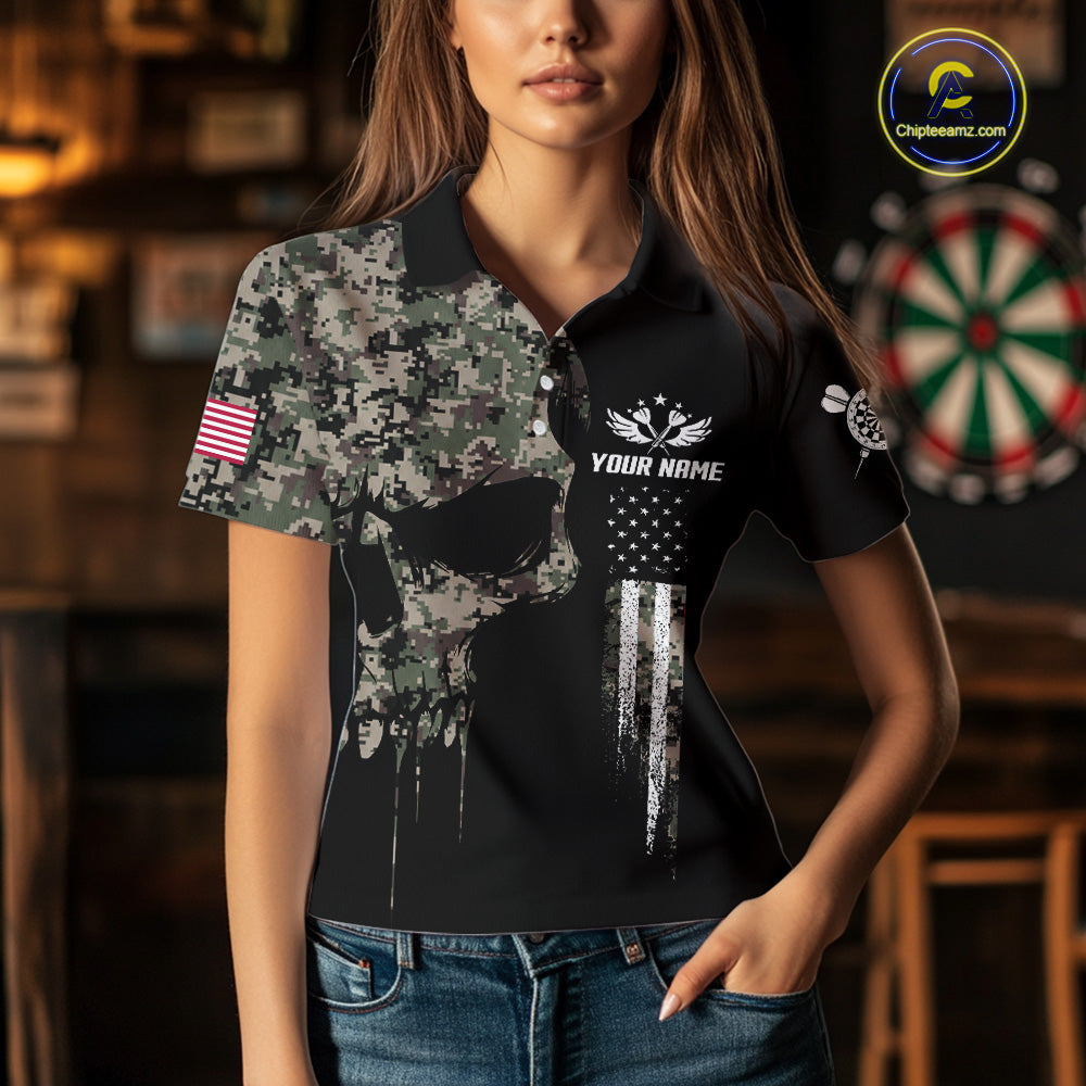 Retro Camouflage Skull Darts Shirt For Women Custom Patriotic US Flag Darts Jersey Polo & 1/4 Zip TDM7845