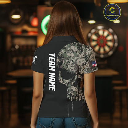 Retro Camouflage Skull Darts Shirt For Women Custom Patriotic US Flag Darts Jersey Polo & 1/4 Zip TDM7845