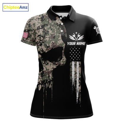 Retro Camouflage Skull Darts Shirt For Women Custom Patriotic US Flag Darts Jersey Polo & 1/4 Zip TDM7845