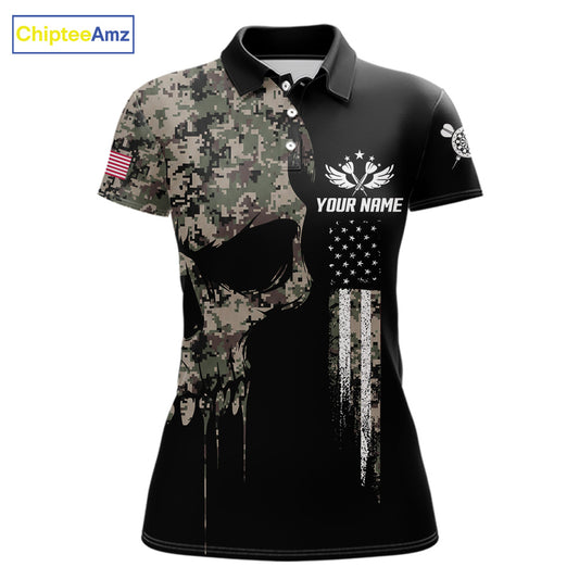 Retro Camouflage Skull Darts Shirt For Women Custom Patriotic US Flag Darts Jersey Polo & 1/4 Zip TDM7845
