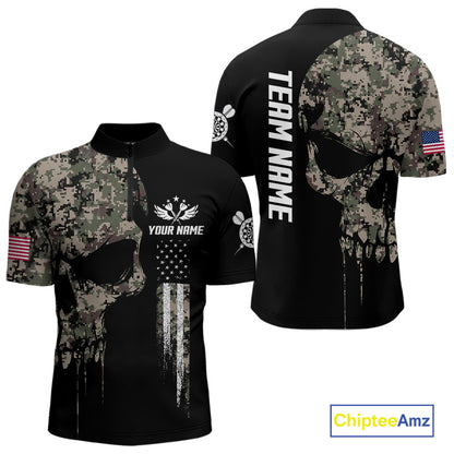 Retro Camouflage Skull Darts Shirt For Men Custom Patriotic US Flag Darts Jersey Polo & 1/4 Zip TDM7845