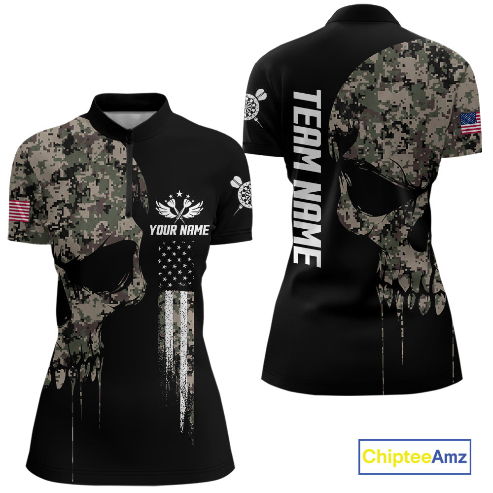 Retro Camouflage Skull Darts Shirt For Women Custom Patriotic US Flag Darts Jersey Polo & 1/4 Zip TDM7845