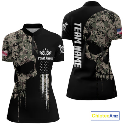 Retro Camouflage Skull Darts Shirt For Women Custom Patriotic US Flag Darts Jersey Polo & 1/4 Zip TDM7845