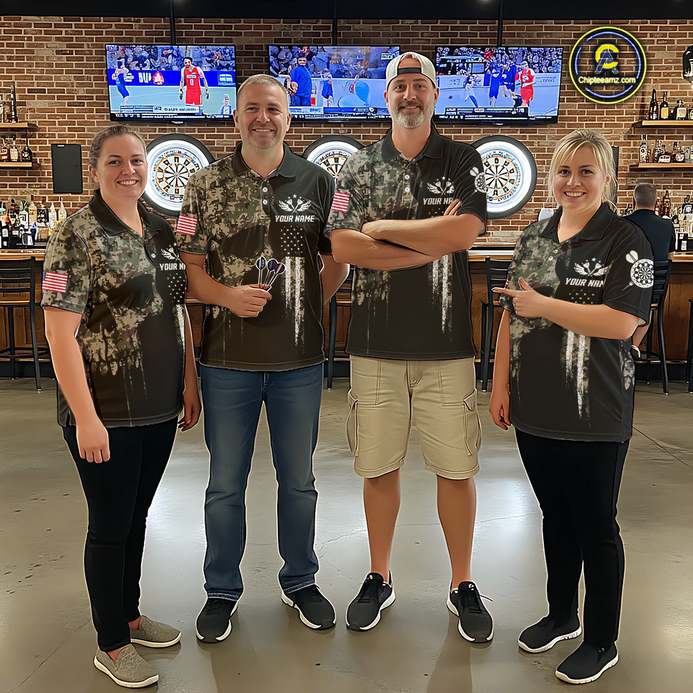Retro Camouflage Skull Darts Shirt For Women Custom Patriotic US Flag Darts Jersey Polo & 1/4 Zip TDM7845