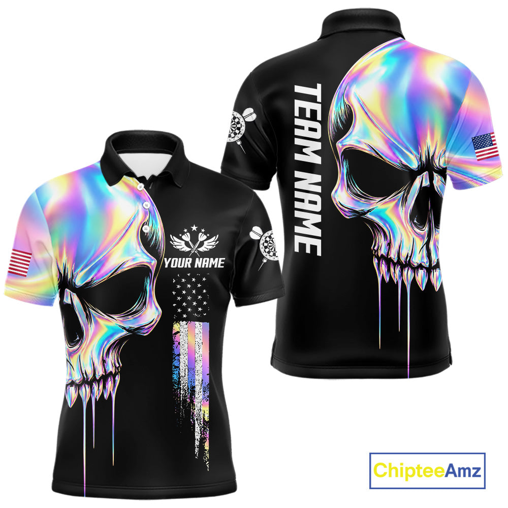 Black And Holographic Skull Darts Shirt For Men Custom US Flag Darts Team Jersey Polo & 1/4 Zip TDM7846