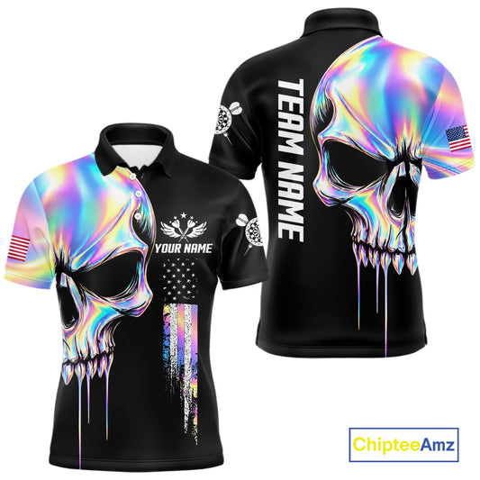 Black And Holographic Skull Darts Shirt For Men Custom US Flag Darts Team Jersey Polo & 1/4 Zip TDM7846