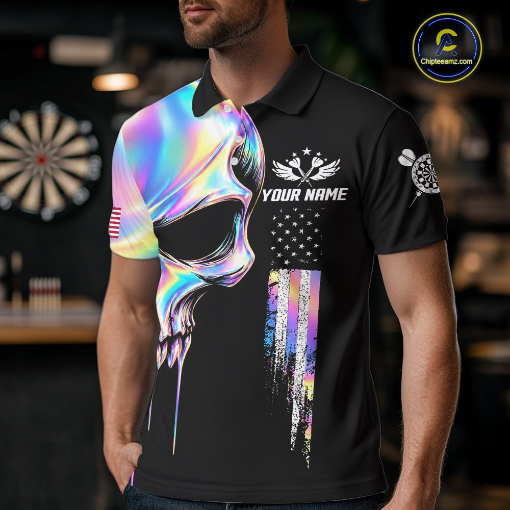 Black And Holographic Skull Darts Shirt For Men Custom US Flag Darts Team Jersey Polo & 1/4 Zip TDM7846