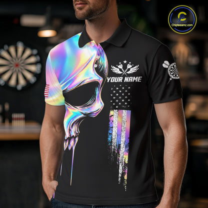 Black And Holographic Skull Darts Shirt For Men Custom US Flag Darts Team Jersey Polo & 1/4 Zip TDM7846
