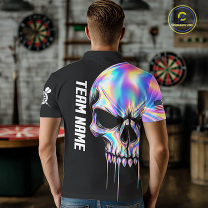 Black And Holographic Skull Darts Shirt For Men Custom US Flag Darts Team Jersey Polo & 1/4 Zip TDM7846