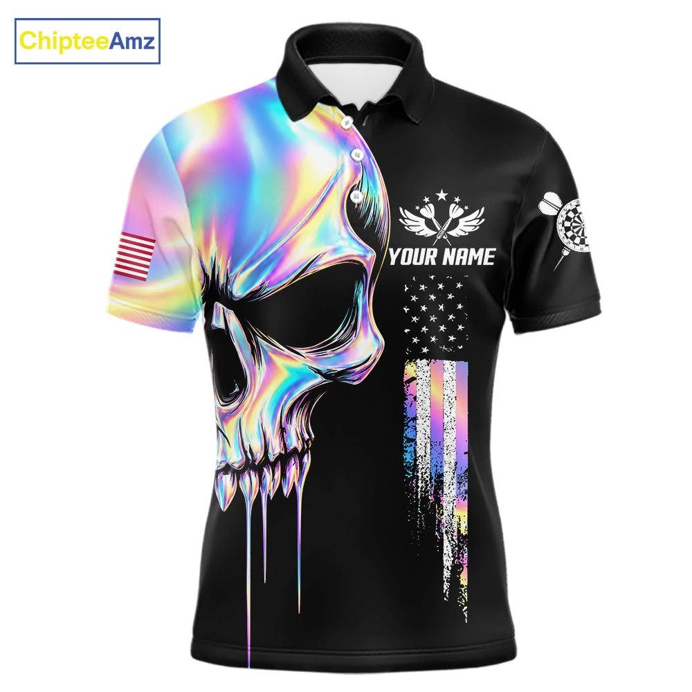 Black And Holographic Skull Darts Shirt For Men Custom US Flag Darts Team Jersey Polo & 1/4 Zip TDM7846