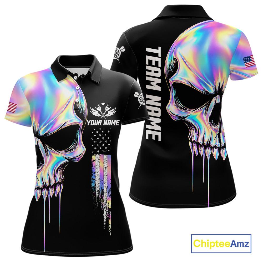 Black And Holographic Skull Darts Shirt For Women Custom US Flag Darts Team Jersey Polo & 1/4 Zip TDM7846