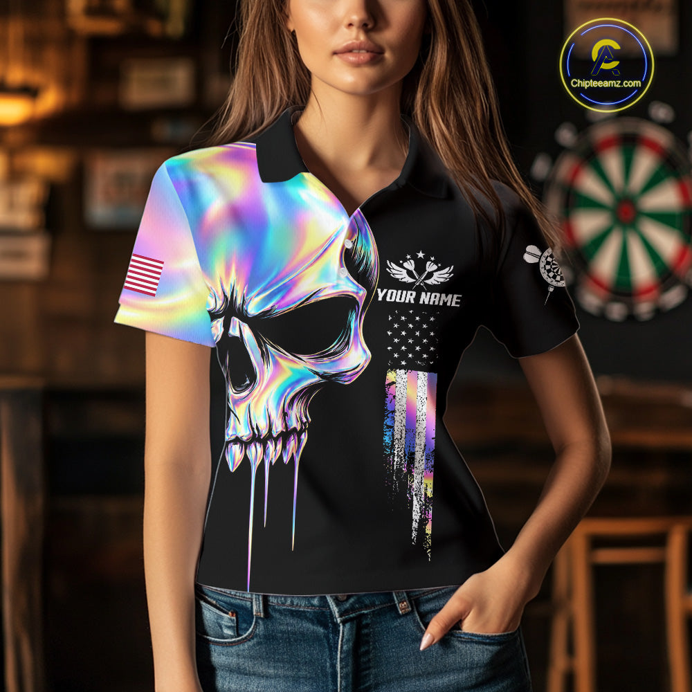 Black And Holographic Skull Darts Shirt For Women Custom US Flag Darts Team Jersey Polo & 1/4 Zip TDM7846